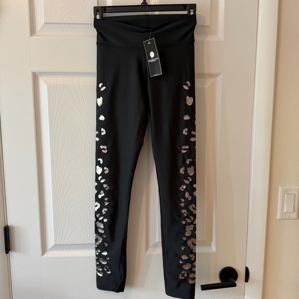 Black Leggings with Metallic Leopard Side Print